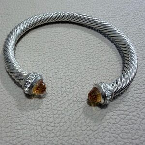 Silver-Tone Twisted Cable Open Cuff Bracelet with Amber Accent